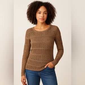 Chico’s Adrienne Open Knit Brown Cotton Blend Sweater Size 1